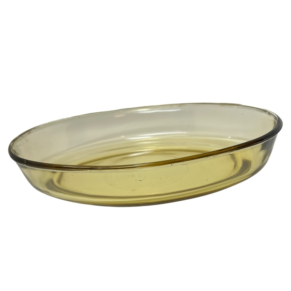 Vintage 60s Pyr-O-Rey Amber Glass Oval Casserole Dish 10x8"